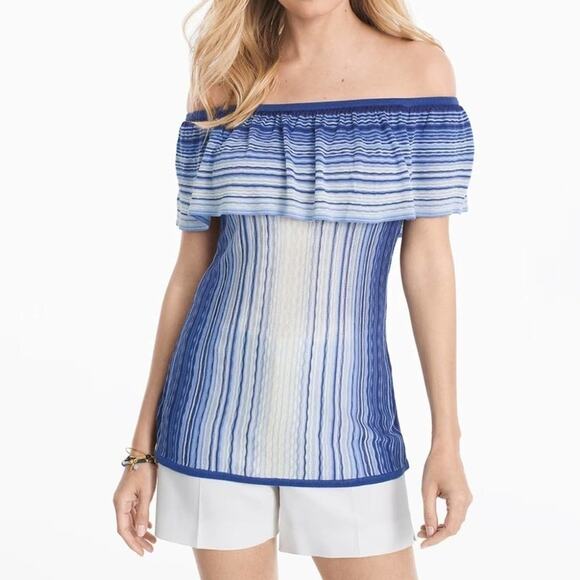 WHBM Off-the-Shoulder Flounce Blue Striped Summer Sweater Size XS 💙 🌊💙 NWT - Picture 1 of 6